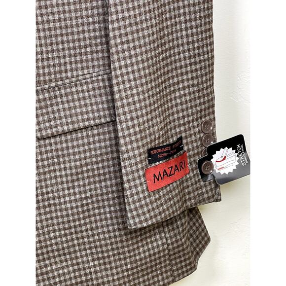 MAZARI Men's Taupe 3PC Modern Fit Gingham Check Paris Vested Suit 50R Pants 44 W - Picture 3 of 9